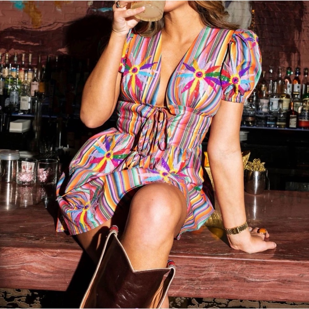 QUEEN OF SPARKLES Multicolor Striped Floral Tie-Front Mini Dress